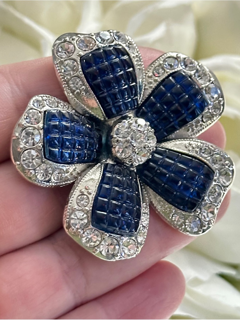 AVON | Signed Vintage Silver Floral Brooch | Blue Square & Clear Crystals | EUC